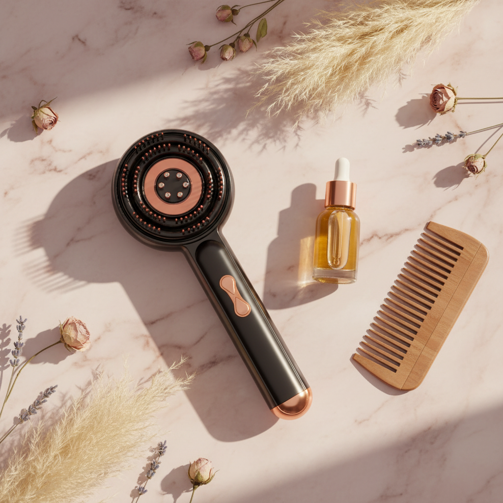 3-in-1 Electric Scalp Massager flat lay on blush marble with dried flowers and hair oil