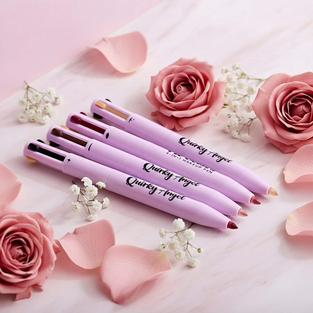 Four lilac 4-in-1 makeup pens showing quad-tip mechanism on pink marble