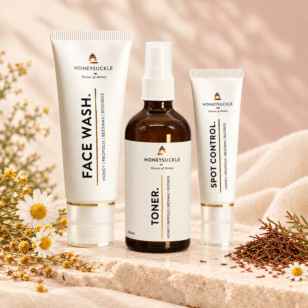 Skincare Starter Trio flat lay: Honeysuckle Face Wash, Facial Toner and Spot Control Gel