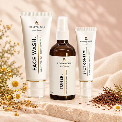 Skincare Starter Trio flat lay: Honeysuckle Face Wash, Facial Toner and Spot Control Gel