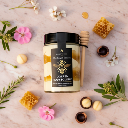 Honeysuckle Layered Body Soufflé flat lay with botanicals