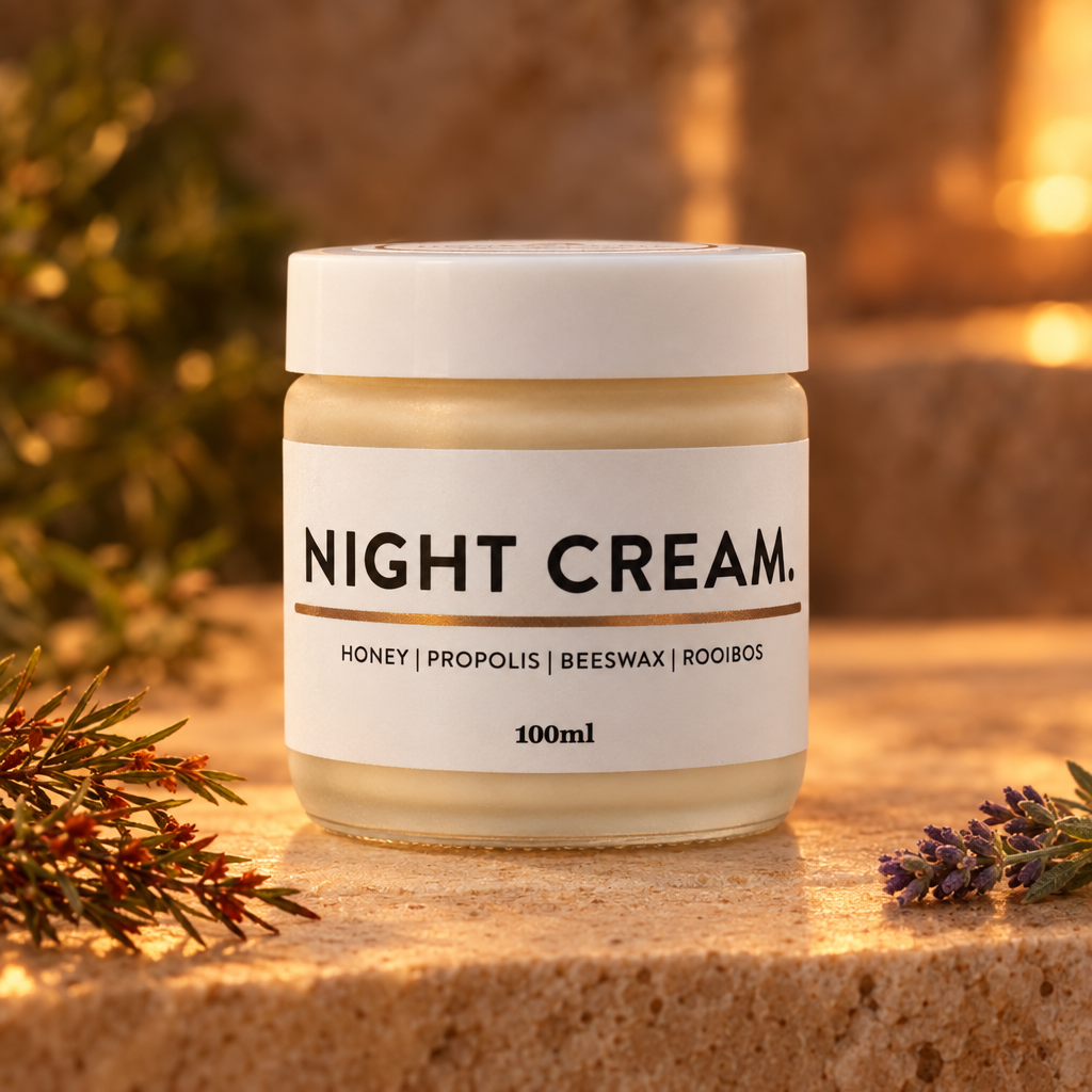 Honeysuckle Night Cream 100ml glass jar with a white lid and honey, propolis, beeswax and rooibos label in a warm evening setting