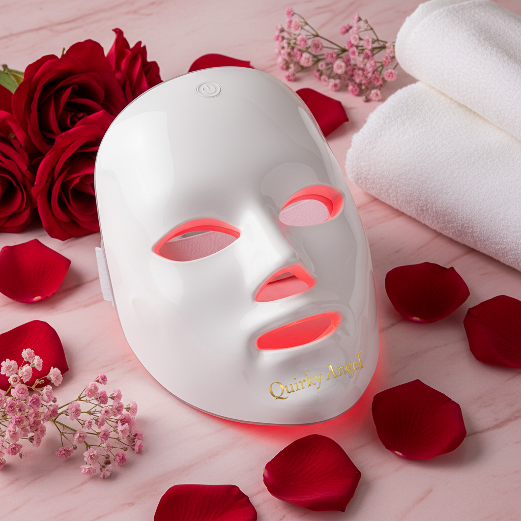 White LED face mask glowing red on pink marble with rose petals