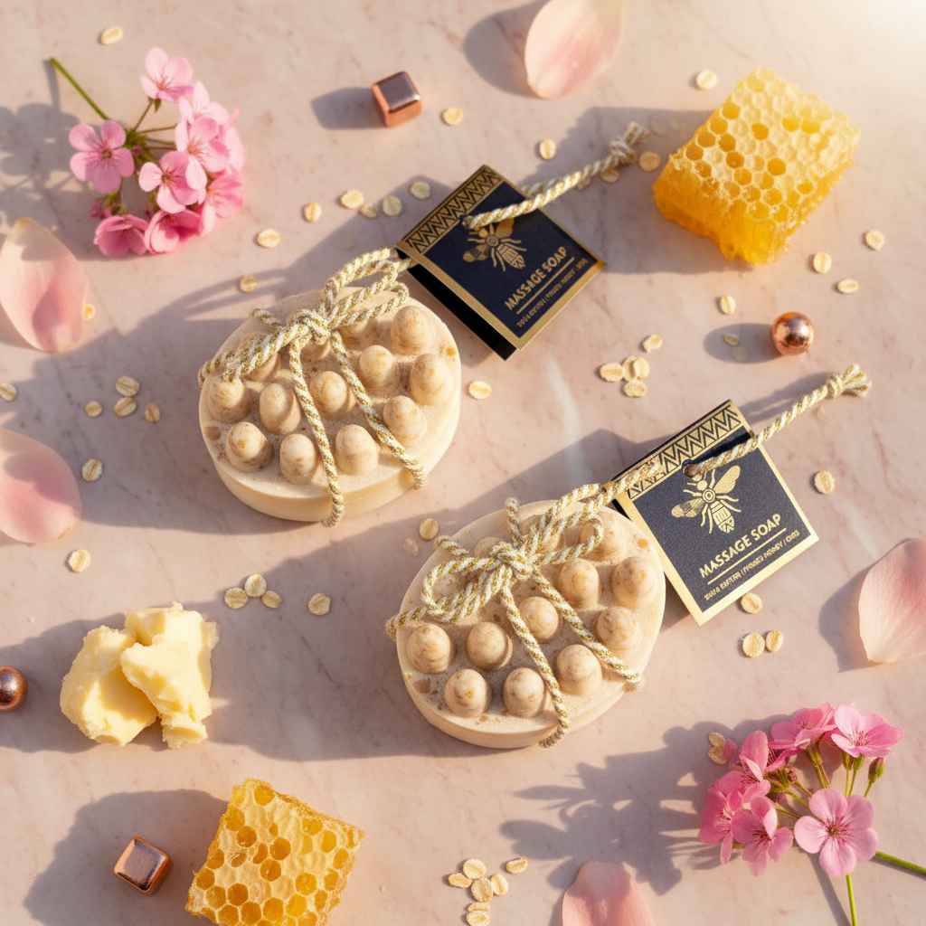 Honeysuckle Massage Soap flat lay with two bars and botanicals