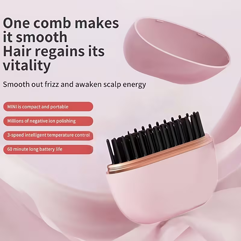 Black mini hair straightener comb top view with USB cable