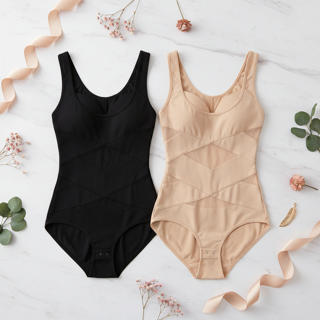 Flat lay - Black and Beige shapewear bodysuit