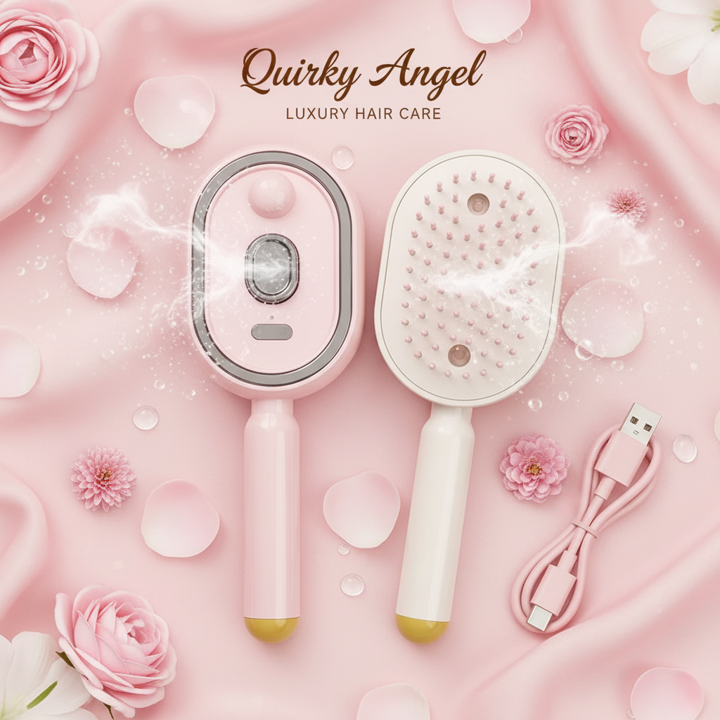 Flat lay of pink massage comb front and bristle side with USB cable