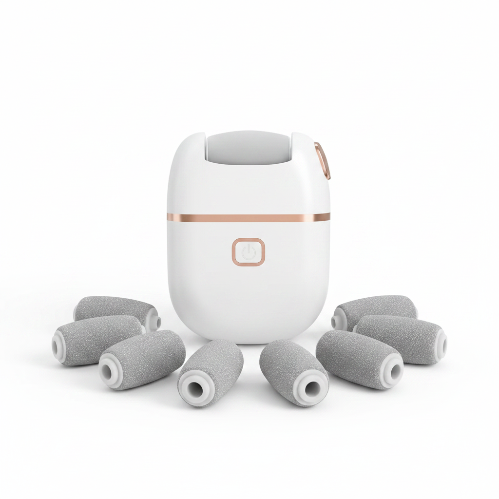 Electric foot scrubber with all replacement roller heads arranged on white background