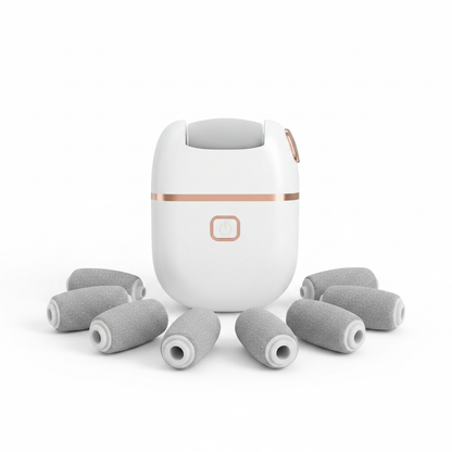 Electric foot scrubber with all replacement roller heads arranged on white background