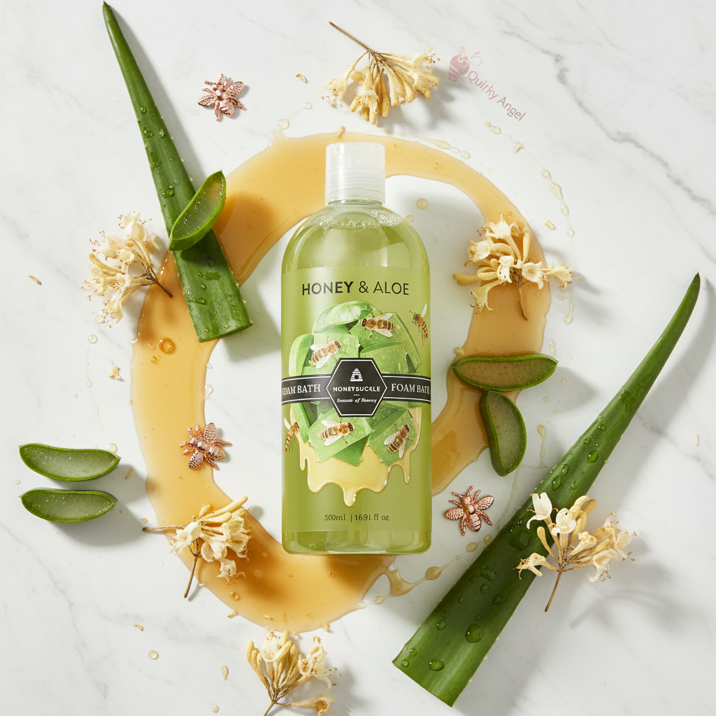 Honeysuckle Honey & Aloe Foam Bath premium flat lay with aloe and honey accents