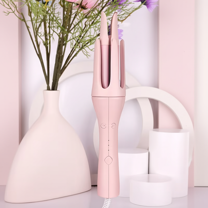 Pink 32mm automatic rotating curling iron with forked curling chamber and ergonomic handle