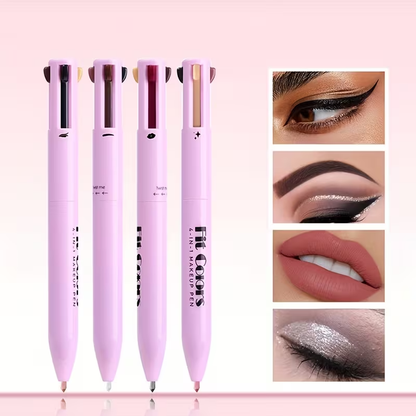 4-in-1 makeup pen showing all four tips with eye, brow, lip and highlighter results