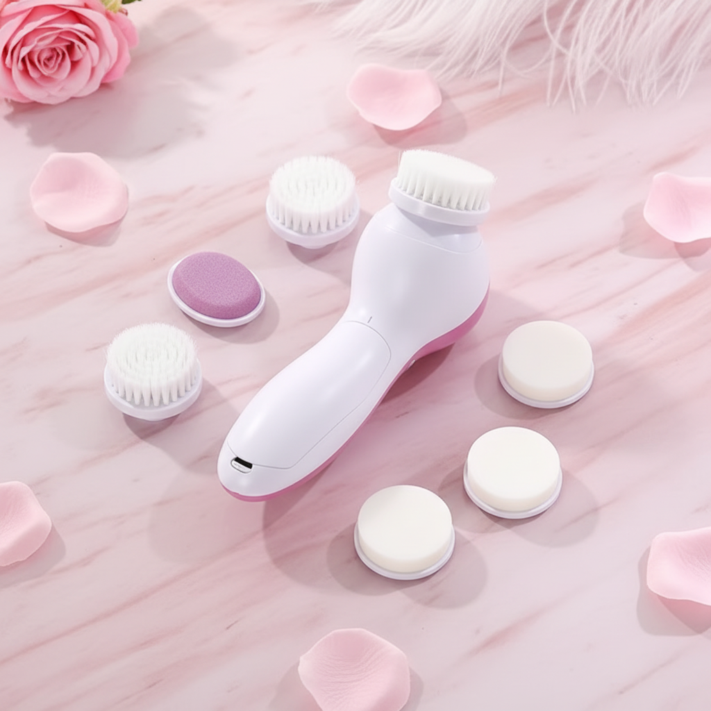 5-in-1 Facial Cleansing Device elegant flat lay on pink marble with rose petals