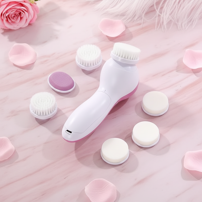5-in-1 Facial Cleansing Device elegant flat lay on pink marble with rose petals