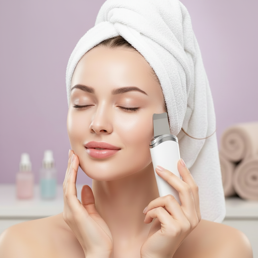 Woman with glowing skin using the 4-In-1 Facial Skin Scraper - no cover