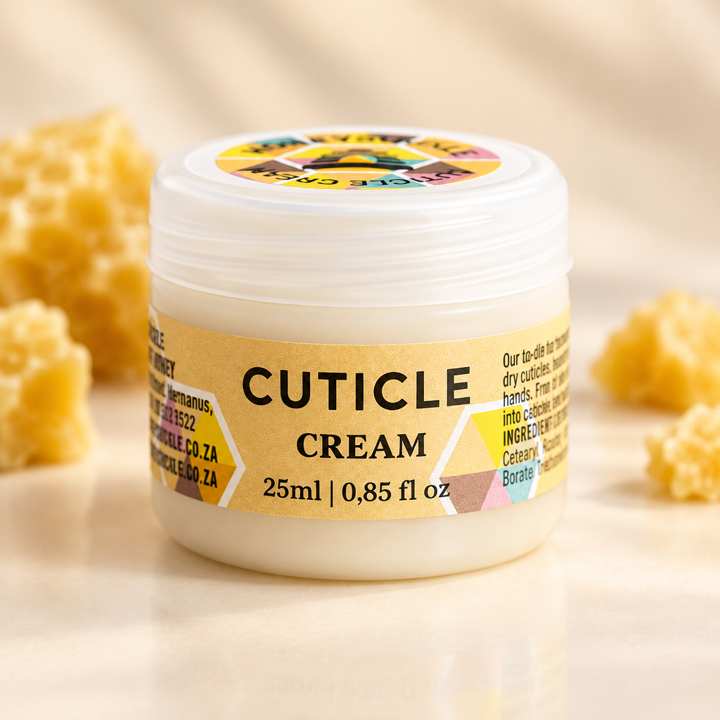 Honeysuckle Cuticle Cream 25ml jar with white lid and gold label on an ivory background