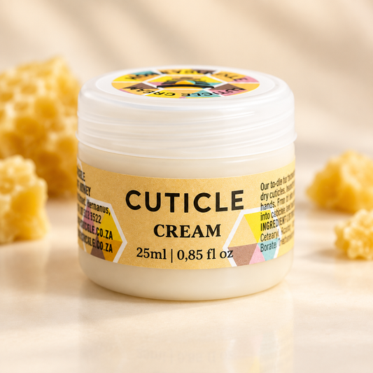 Honeysuckle Cuticle Cream 25ml jar with white lid and gold label on an ivory background