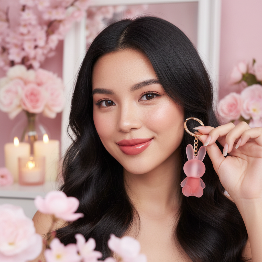 Woman with matte coral pink lips holding cute bunny lip gloss keychain