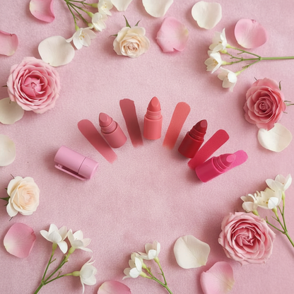 Flat lay of all 5 lipstick sections separated with matching velvet matte lip swatches