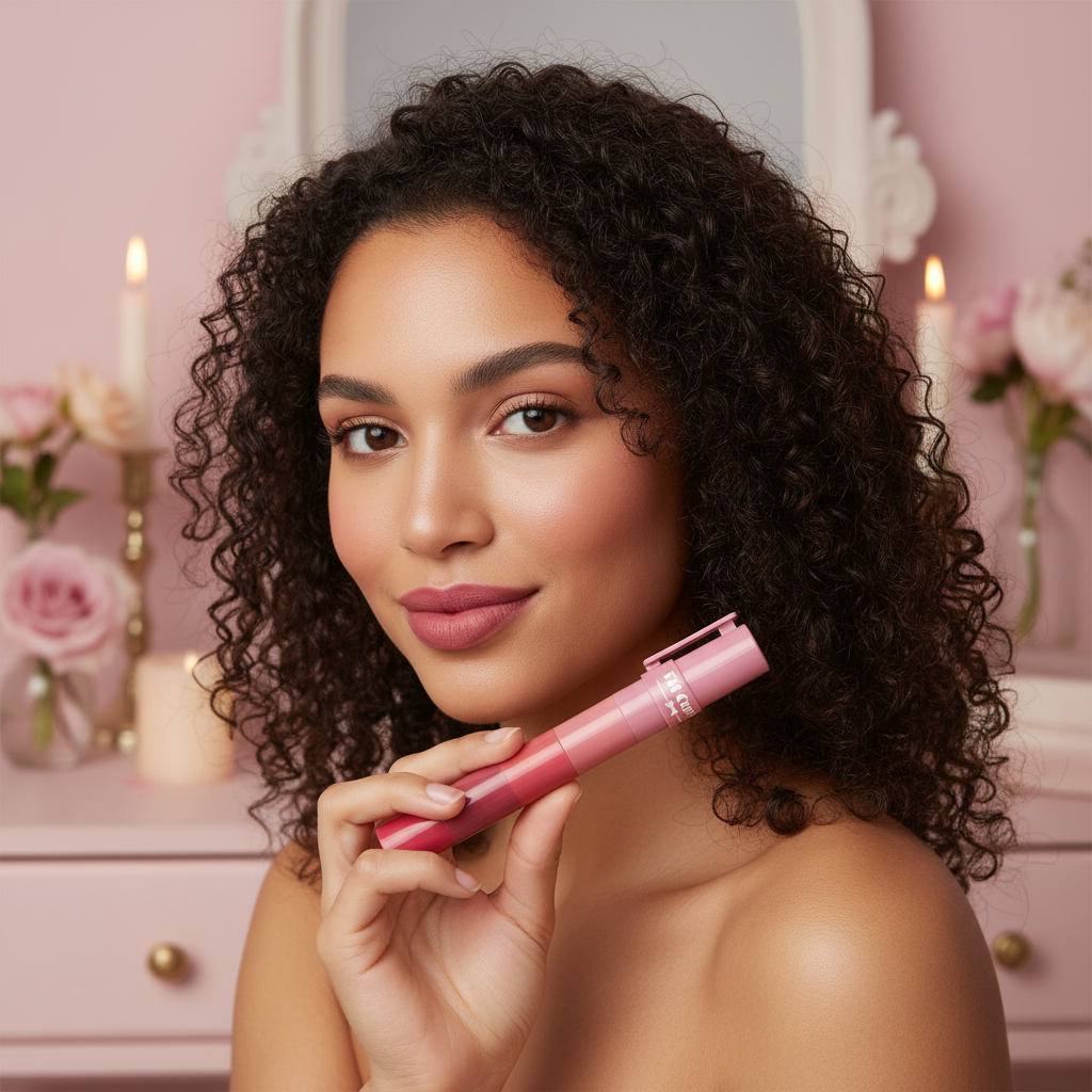Woman with velvet matte lips holding the 5-in-1 gradient lipstick pen
