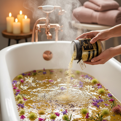Lifestyle shot of Botanical Bath Crystals being poured into a luxury bath