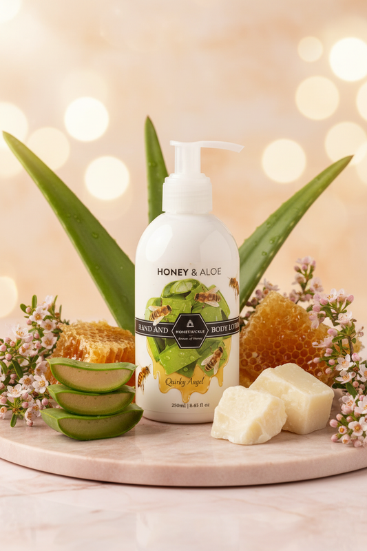 Honeysuckle Honey & Aloe Body Lotion hero shot with botanicals