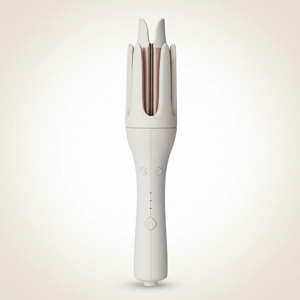 White 32mm automatic rotating curling iron with forked curling chamber and ergonomic handle