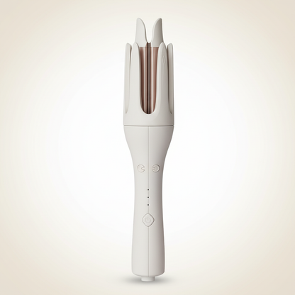 White 32mm automatic rotating curling iron with forked curling chamber and ergonomic handle