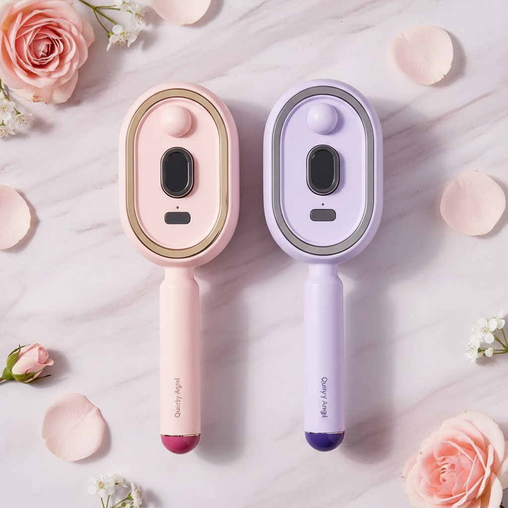 Pink and purple nano mist spray massage combs side by side on pink marble