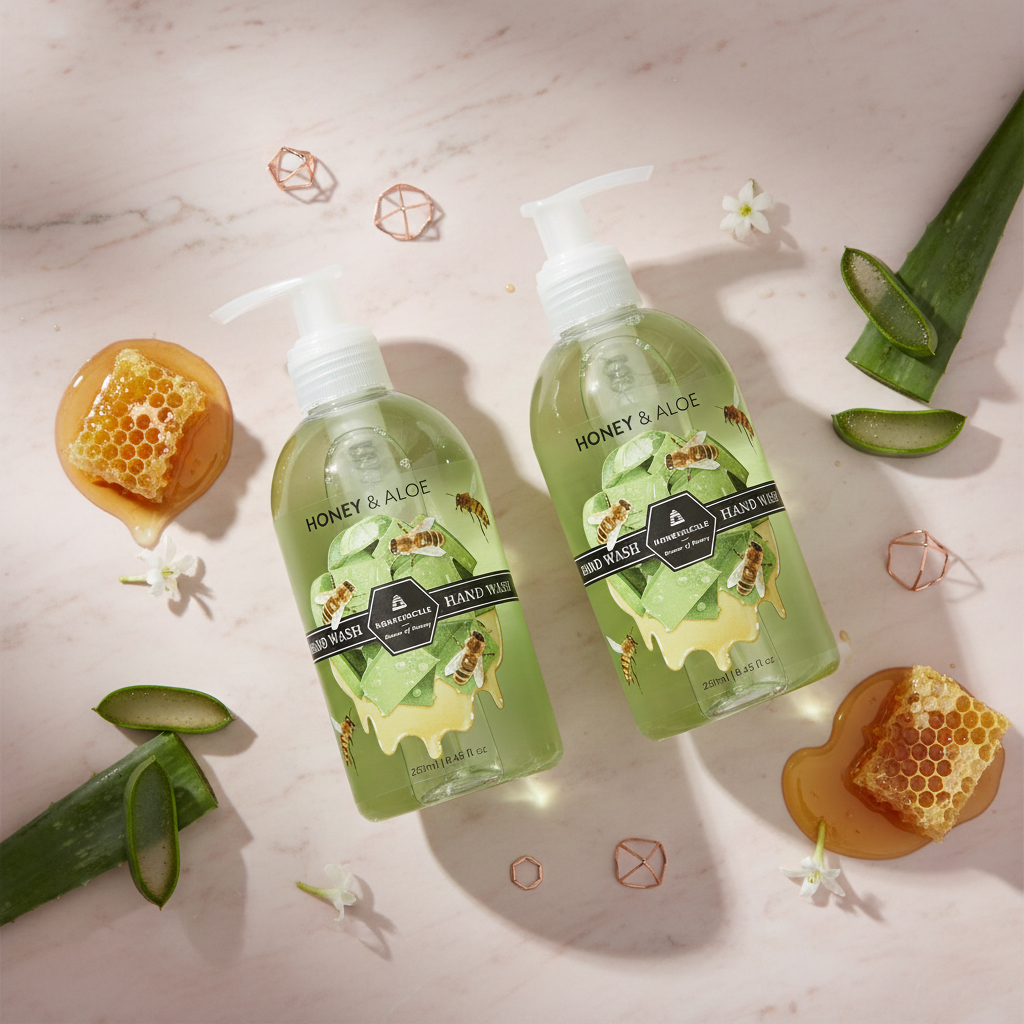 Honeysuckle Honey & Aloe Hand Wash flat lay with two bottles and botanicals