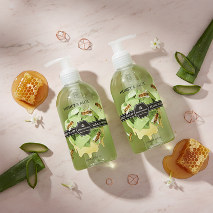 Honeysuckle Honey & Aloe Hand Wash flat lay with two bottles and botanicals