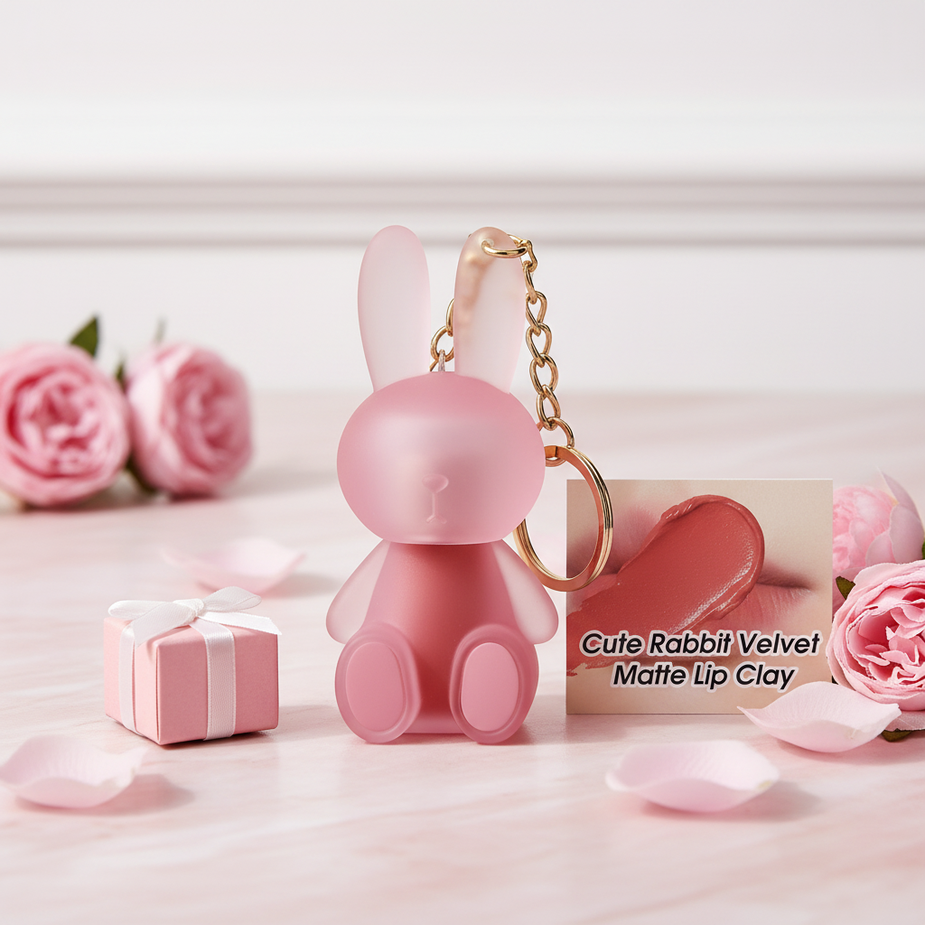 Cute frosted pink bunny lip gloss keychain on pink marble with rose petals and gift box